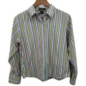 Lauren Ralph Lauren Womens‎ PM Multicolor Stripe Button Front Cotton Blouse Top